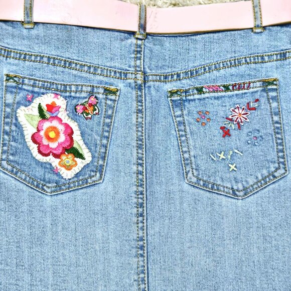 Skirt. Denim Pink Yellow Multi Tiered Floral Pattern. Upcycled Girls Size 10 GUC - Picture 14 of 16